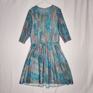 Vintage 80s Teal Abstract Paisley Dress Large Elastic Waist 3/4 Sleeve USA Made